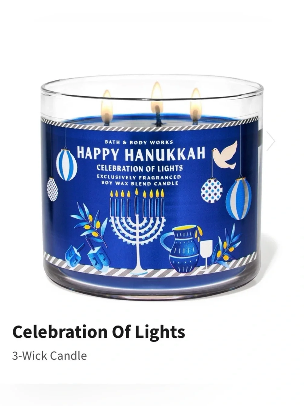 NIB B&BW Happy Hanukkah “Celebration of Lights” 3-Wick Candle w Metal Lid